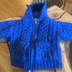 ARAN IRELAND BLUE WOOL ZIP FRONT CARDIGAN SWEATER WITH HOOD
